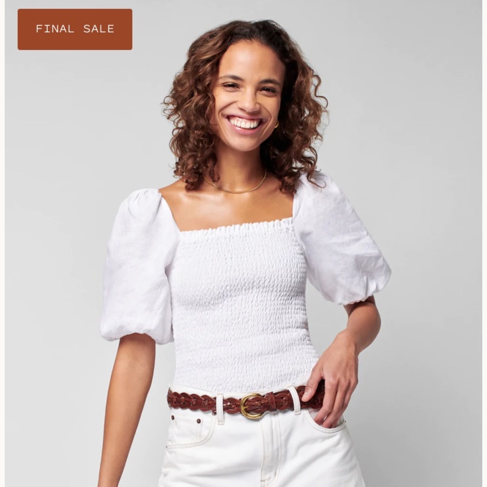 NWT 100% White Linen Elbow Sleeve Smocked Top XS